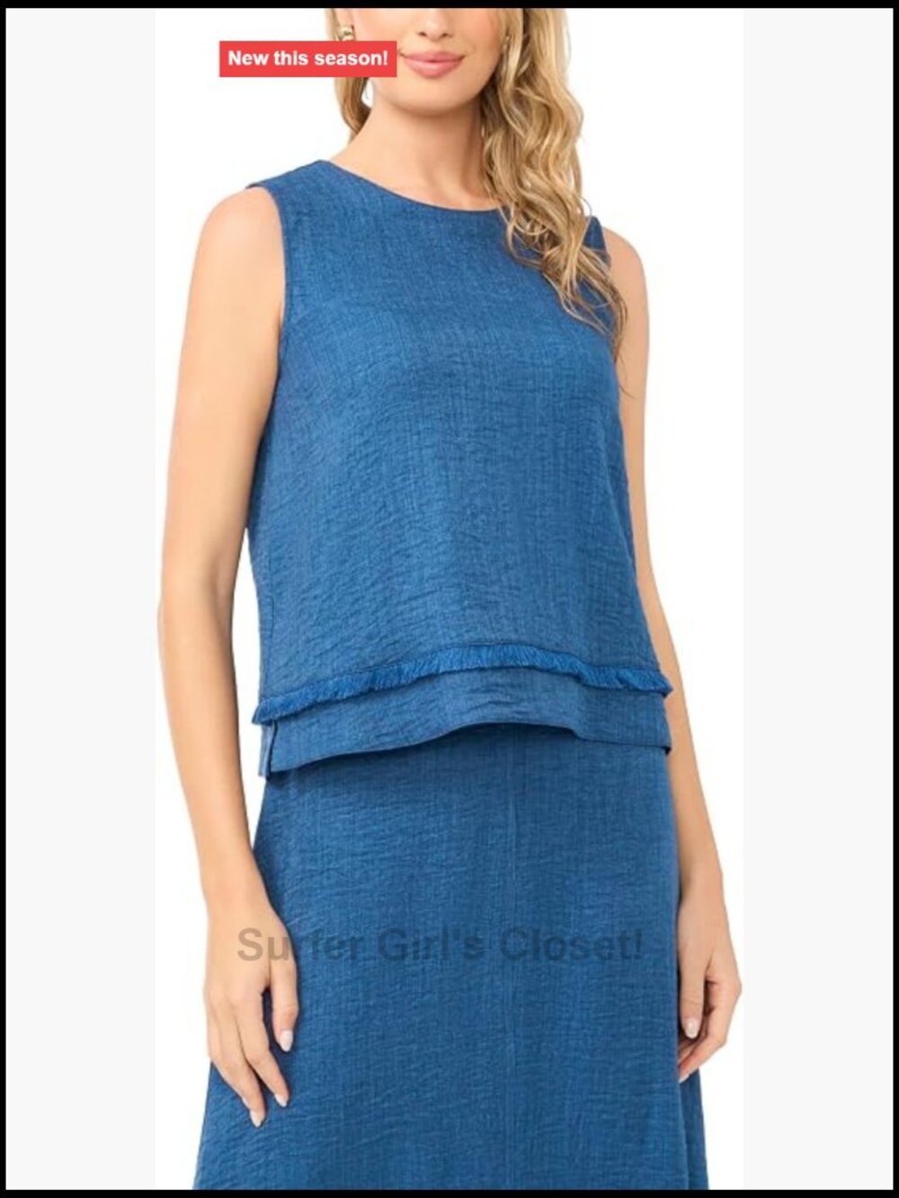 Faux Denim Crepe Sleeveless Crew Neck Tank Top